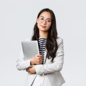 business finance employment female successful entrepreneurs concept young asian businesswoman bank clerk glasses holding laptop